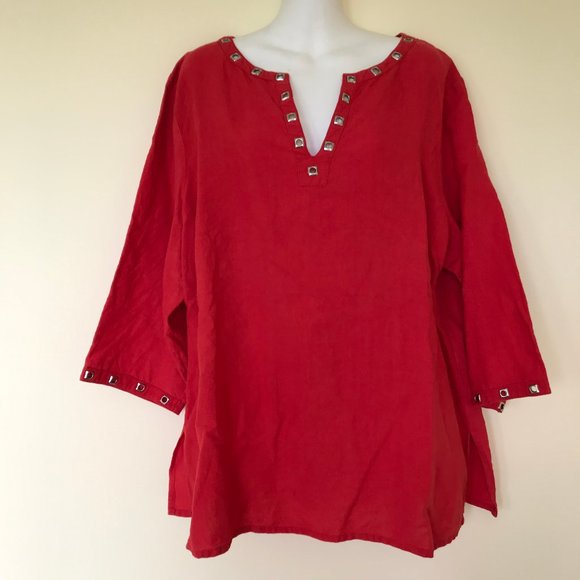 Anne Carson 100% Linen Red 3/4 Sleeve Blouse Top with Metal Grommet Detail - Picture 1 of 6